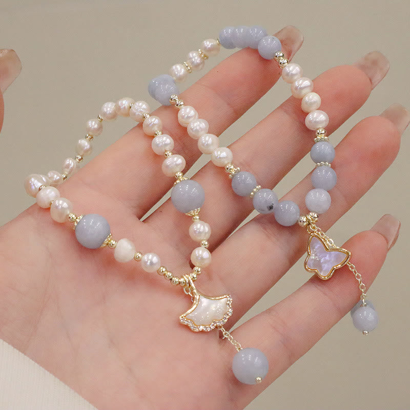 Nimara Ritual Natural Aquamarine Pearl Healing Ginkgo Leaf Butterfly Charm Bracelet