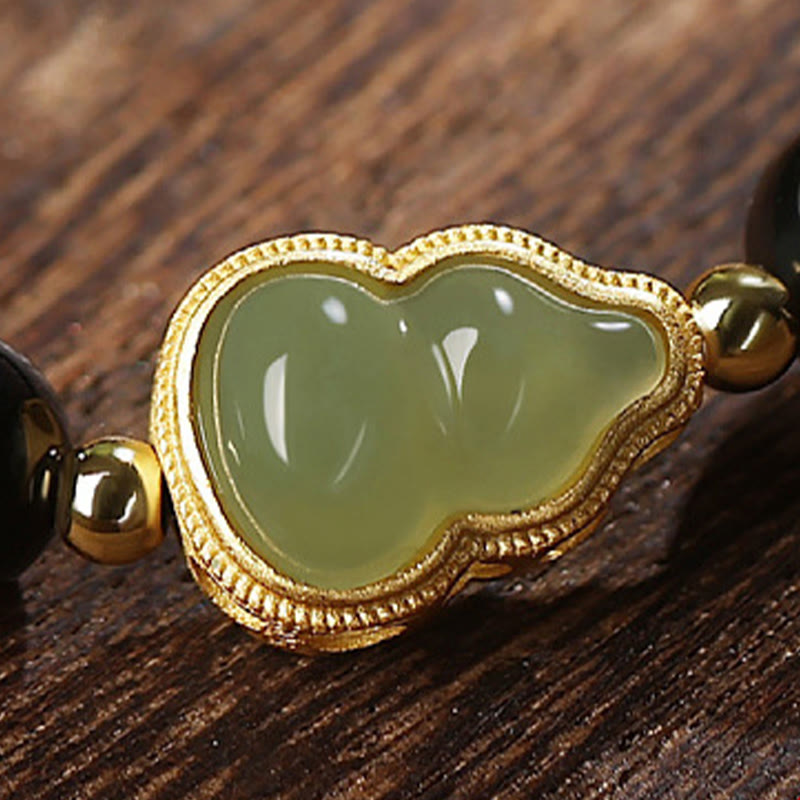 Nimara Ritual Natural Black Obsidian Hetian Jade Gourd Double Happiness Strength Bracelet