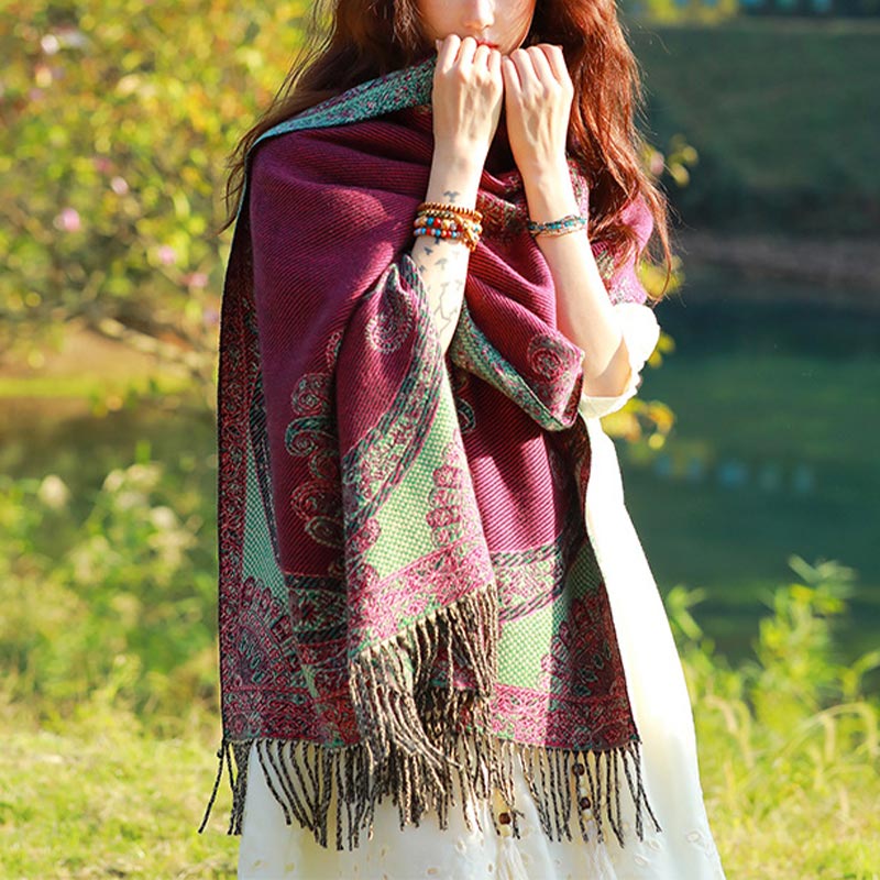 Nimara Ritual Tibetan Vine Leaves Pattern Design Shawl Cozy Travel Scarf Wrap