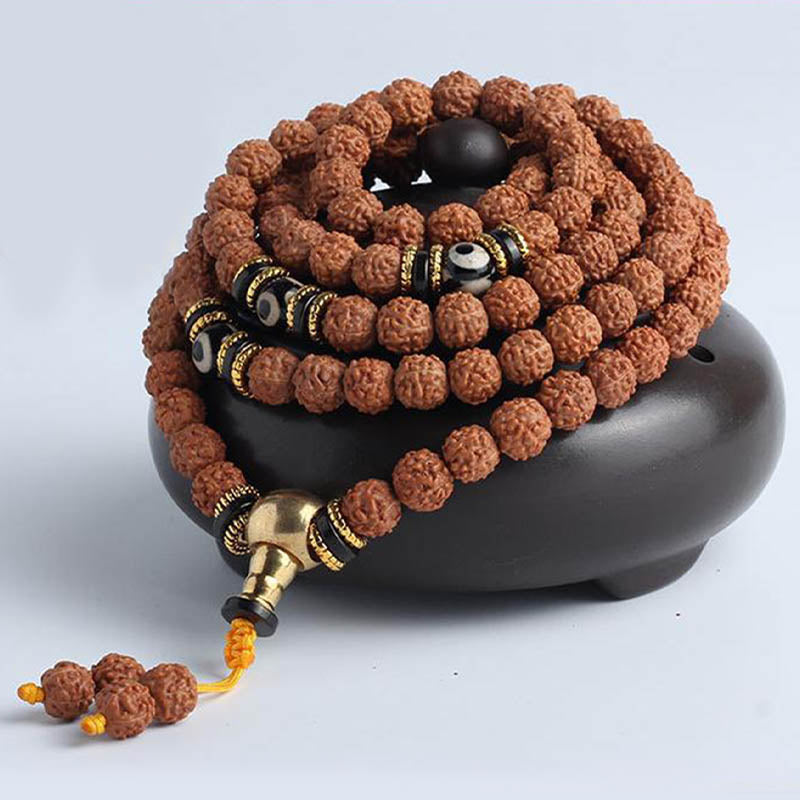 Nimara Ritual 108 Mala Beads Rudraksha Bodhi Seed Dzi Bead Luck Wealth Bracelet
