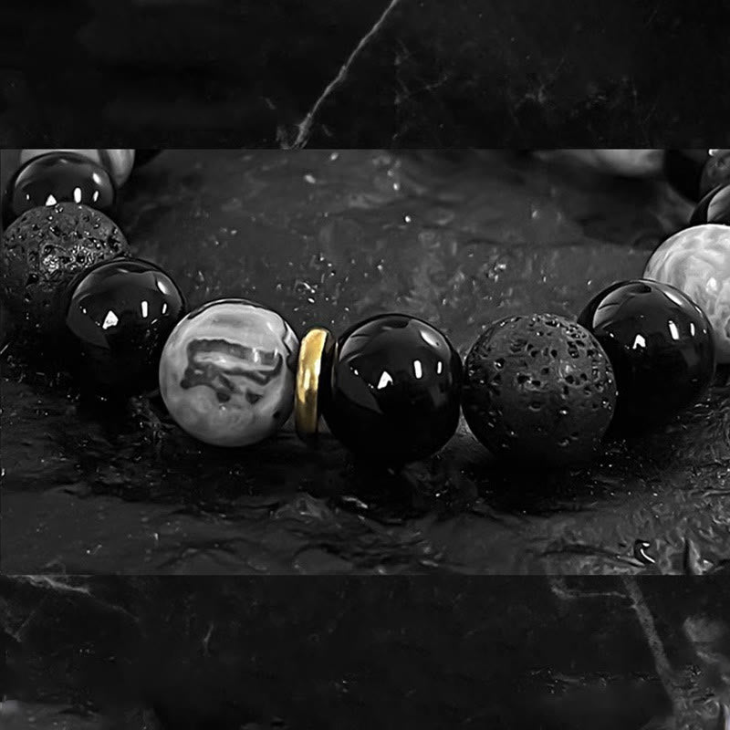 Nimara Ritual Black Obsidian Lava Rock Stone Yin Yang Strength Bracelet