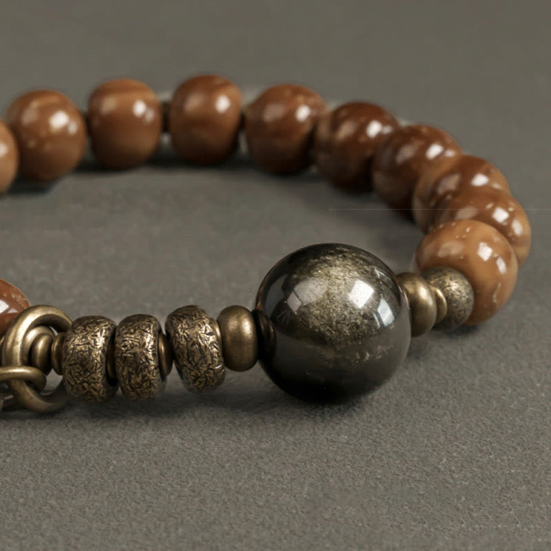 Nimara Ritual Kuka Seed Tiger Eye Gold Sheen Obsidian Brass Copper Wealth Luck Bracelet