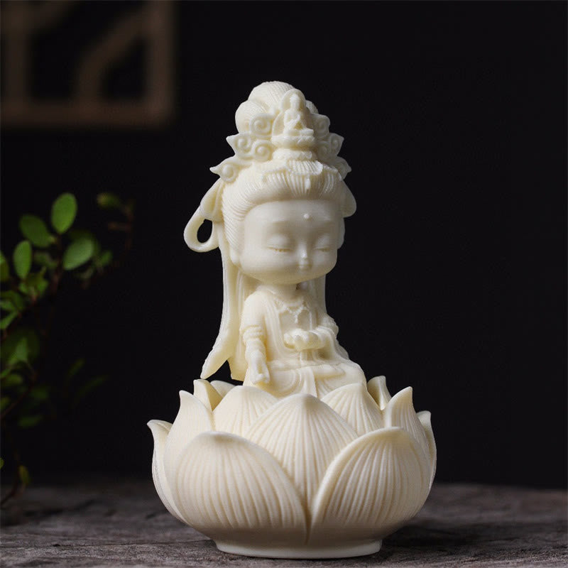 Nimara Ritual Mini Ivory Fruit Kwan Yin Avalokitesvara Lotus Wealth Desk Decoration