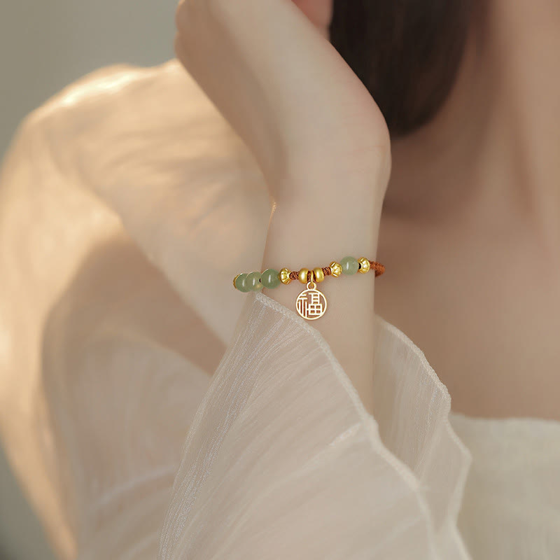 Nimara Ritual Jade Beads Fu Character Blessing Rope Bracelet