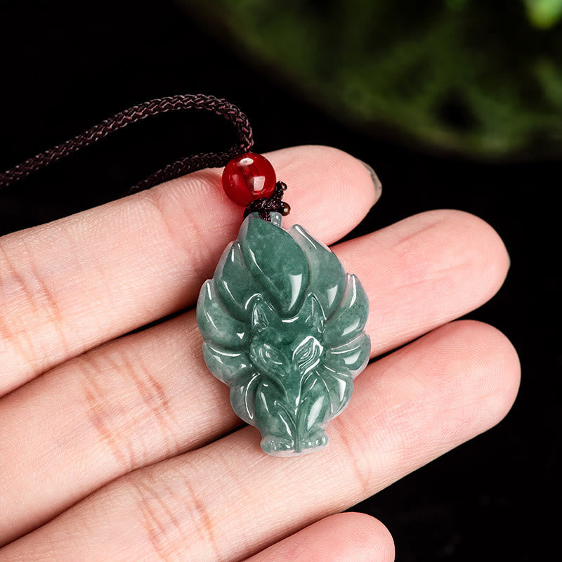Nimara Ritual Natural Green Jade Nine Tailed Fox Luck Necklace Pendant