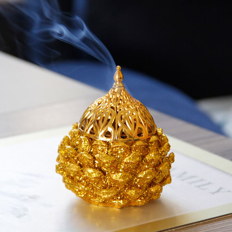 Nimara Ritual Gold Pine Cone Pattern Spiritual Rituals Mini Incense Burner Home Tabletop Decor