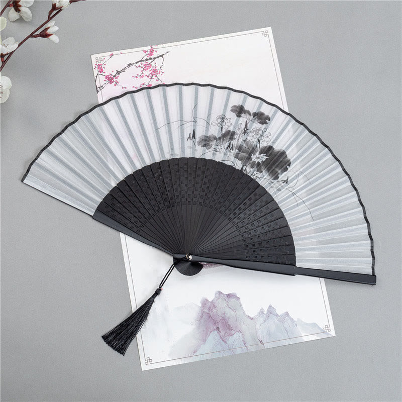 Nimara Ritual Mountains Plum Blossom Lotus Magpie Bamboo Leaves Handheld Silk Bamboo Folding Fan 22.5cm