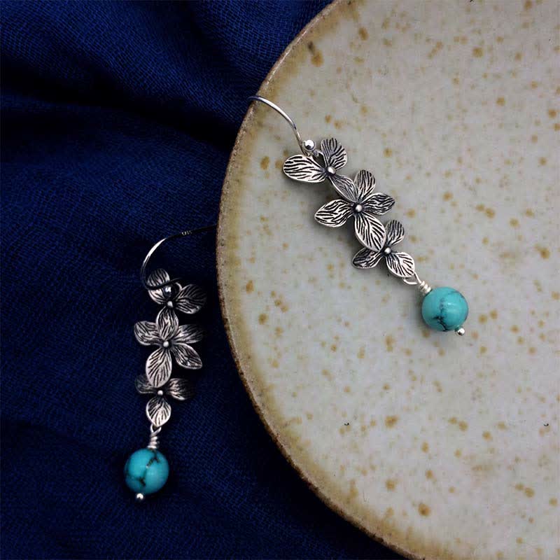 Nimara Ritual 925 Sterling Silver Turquoise Lazurite Flower Leaf Serenity Protection Hook Drop Dangle Earrings