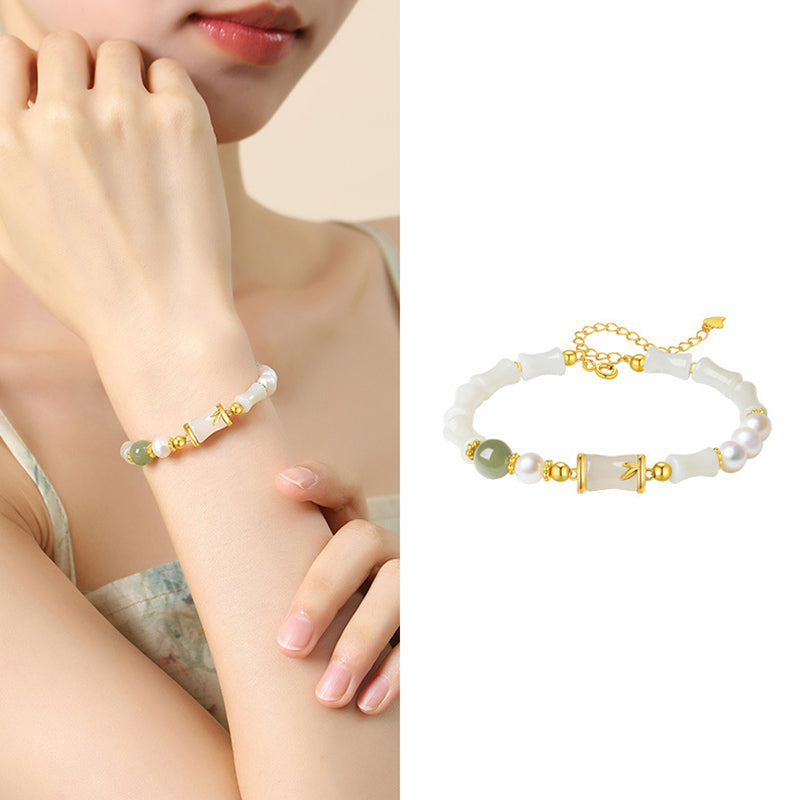 Nimara Ritual 925 Sterling Silver Natural Hetian White Jade Bamboo Luck Blessing Bracelet