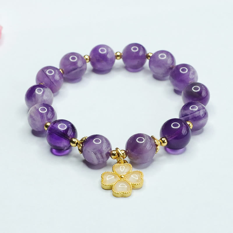 Nimara Ritual Natural Amethyst Crystal Inner Peace Four Leaf Clover Charm Bracelet