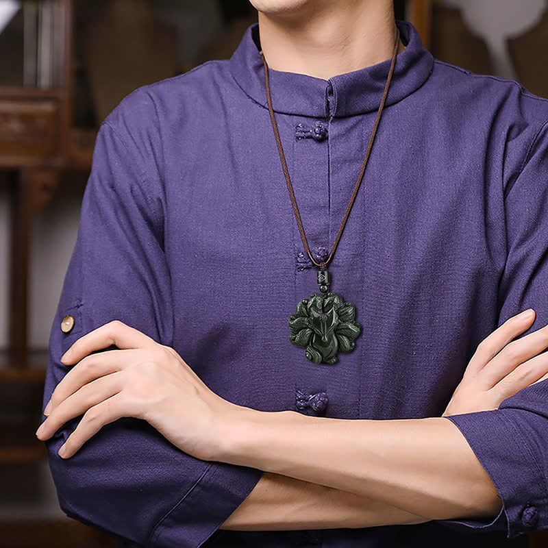 Nimara Ritual Hetian Cyan Jade Nine Tailed Fox Luck Necklace String Pendant