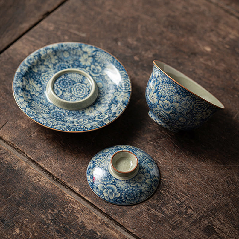 Nimara Ritual Vintage Blue And White Porcelain Peach Blossom Lotus Peony Ceramic Gaiwan Sancai Teacup Kung Fu Tea Cup And Saucer With Lid