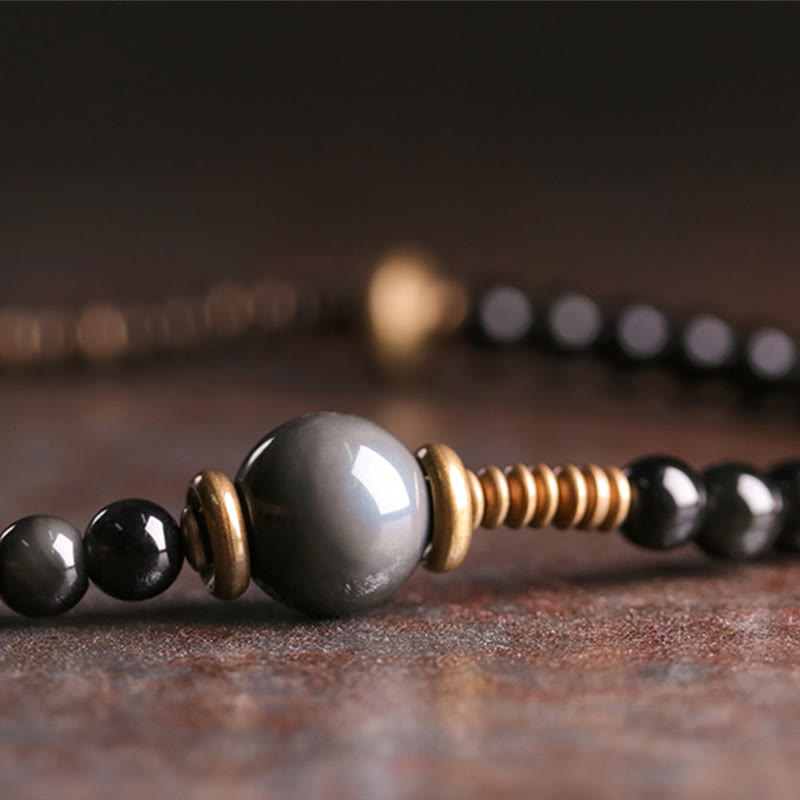 Nimara Ritual Rainbow Obsidian Ebony Wood Copper Positive Multilayer Bracelet