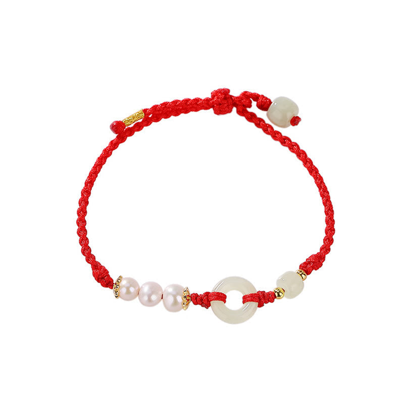 Nimara Ritual 925 Sterling Silver Plated Gold Hetian Jade Peace Buckle Pearl Luck Bracelet