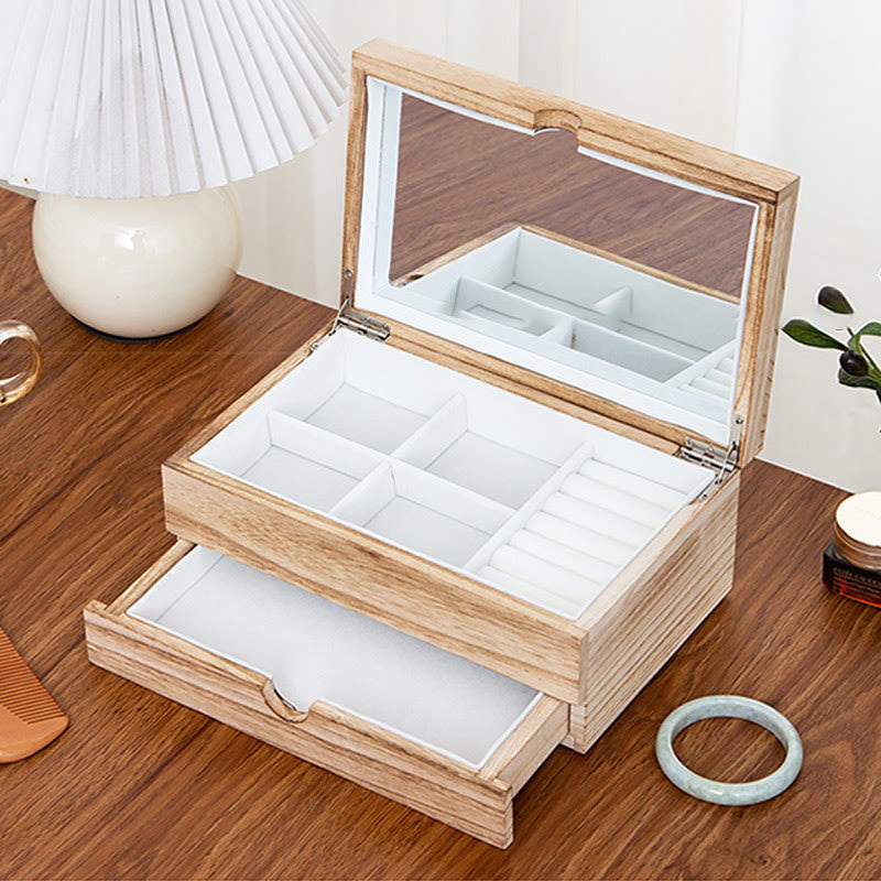 Nimara Ritual Retro Beige Wooden Jewelry Box Two-Layer Jewelry Storage Box With Mirror
