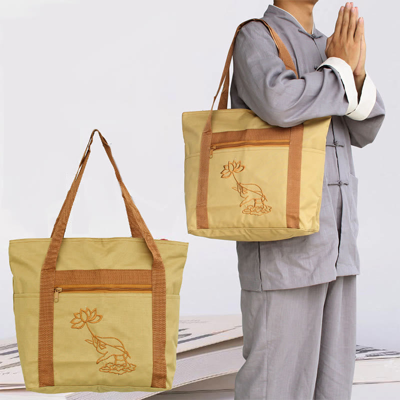 Nimara Ritual Spiritual Mind Practice Lotus Embroidery Pattern Canvas Shoulder Bag Tote Bag