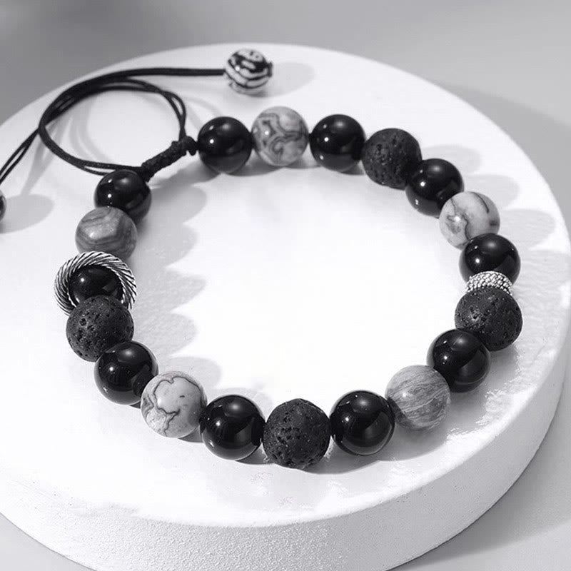 Nimara Ritual Vintage Lava Rock Black Obsidian Picasso Jasper Beads Support Rope Bracelet