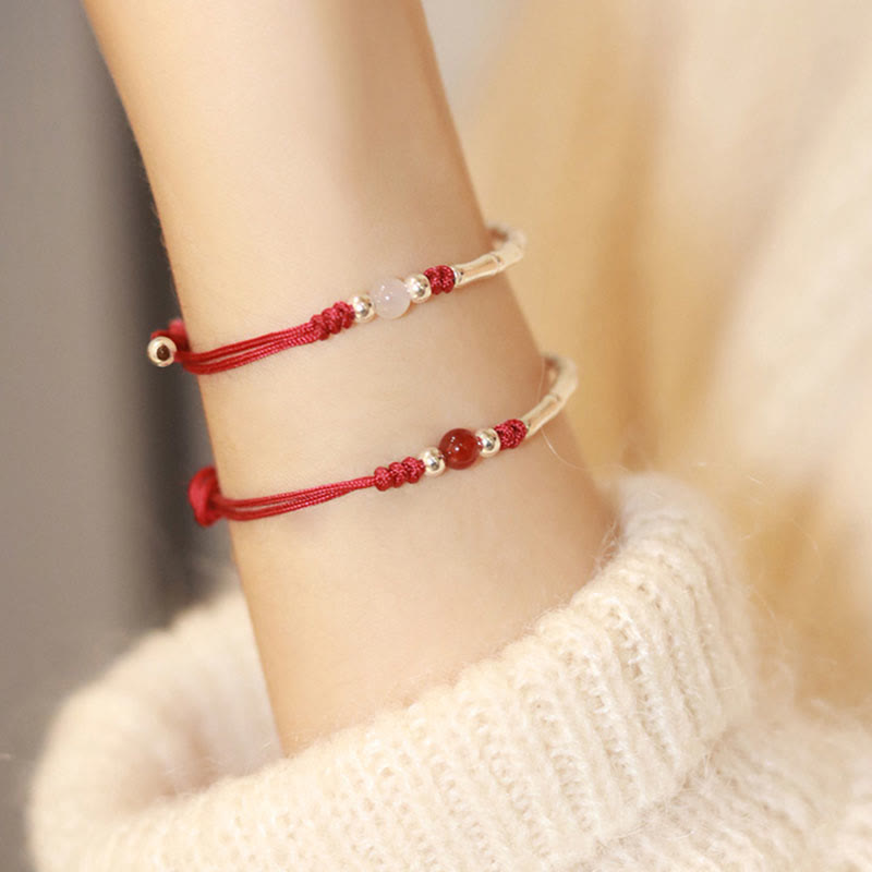 Nimara Ritual 925 Sterling Silver Bamboo White Agate Red Agate Bead Protection String Braided Bracelet