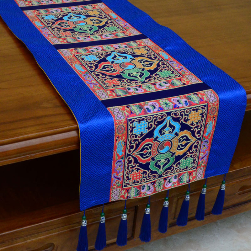 Nimara Ritual Prayer Altar Mat Man-Bcu Kalachakra Endless Knot Vajra Tibetan Auspicious Symbols Tassels Table Runner