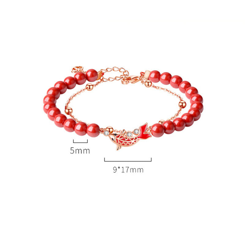 Nimara Ritual 925 Sterling Silver Lucky Koi Fish Cinnabar Zircon Prosperity Double Layer Chain Bracelet