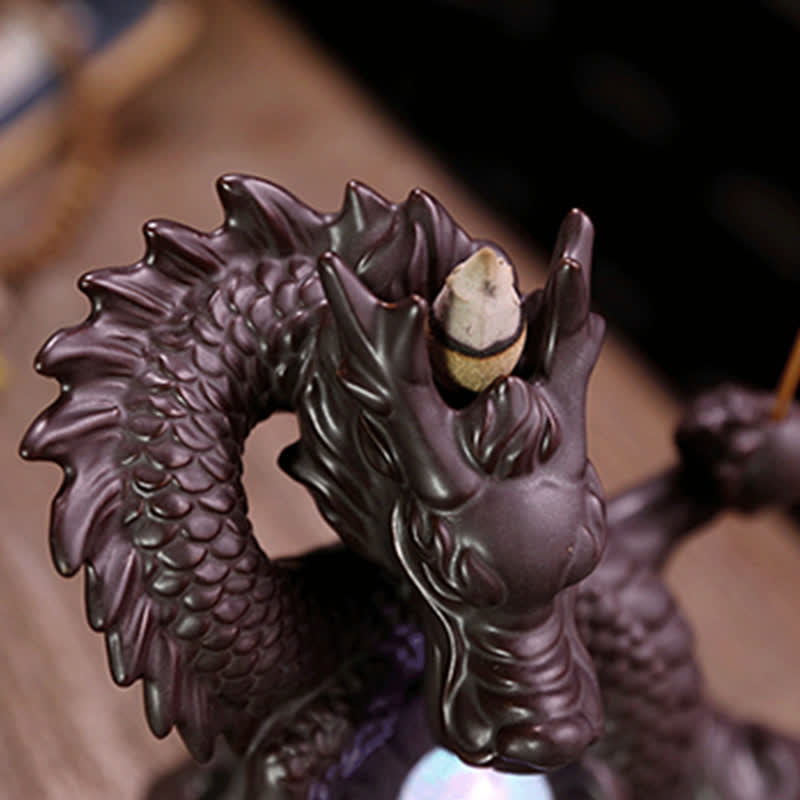 Nimara Ritual Auspicious Dragon Ceramic Backflow Smoke Fountain Meditation Healing Incense Burner Led Ball Decoration