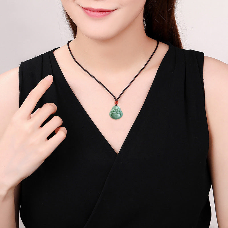 Nimara Ritual Laughing Buddha Cyan Jade Success Necklace String Pendant
