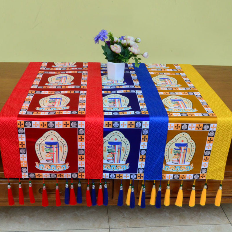 Nimara Ritual Prayer Altar Mat Man-Bcu Kalachakra Endless Knot Vajra Tibetan Auspicious Symbols Tassels Table Runner