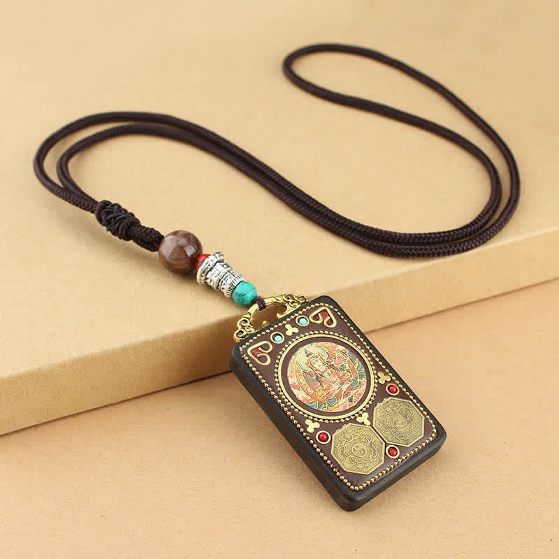 Nimara Ritual Tibet God of Wealth Thangka Ebony Peace Necklace Pendant