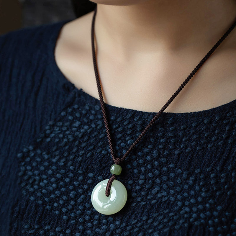 Nimara Ritual Natural Round Jade Peace Buckle Luck Prosperity Necklace Pendant