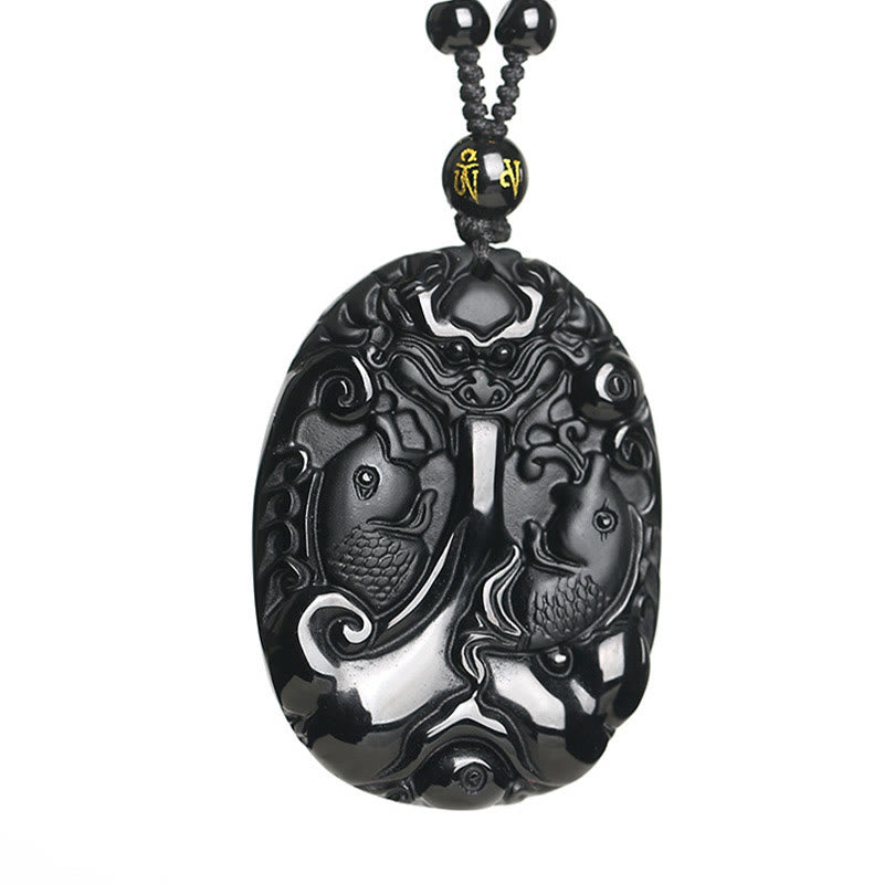 Nimara Ritual Black Obsidian Koi Fish Bead Rope Fulfilment Strength Necklace Pendant