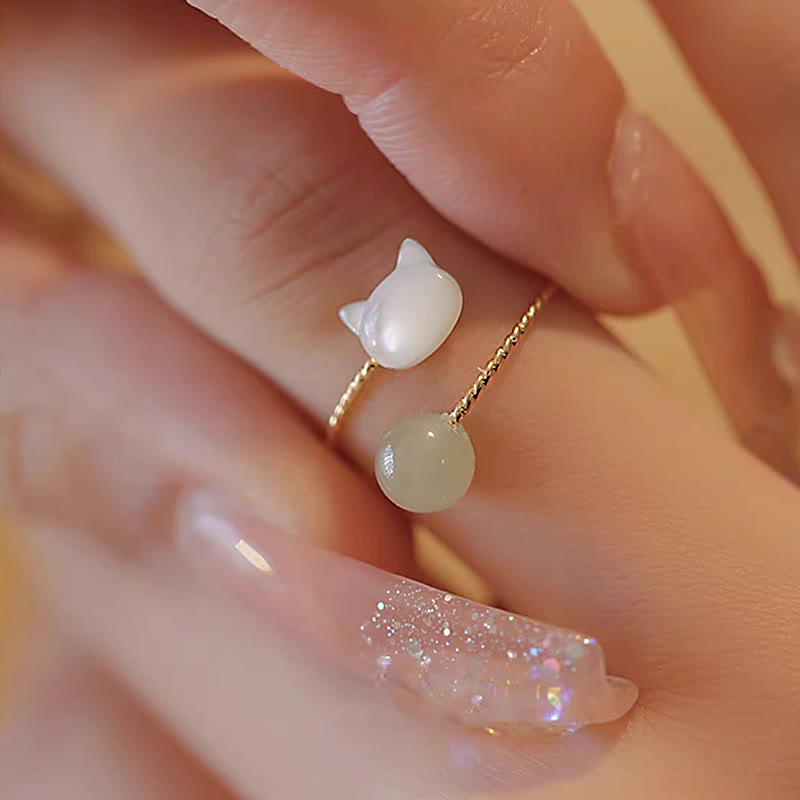 Nimara Ritual Tridacna Stone Cat Head Jade Bead Blessing Ring