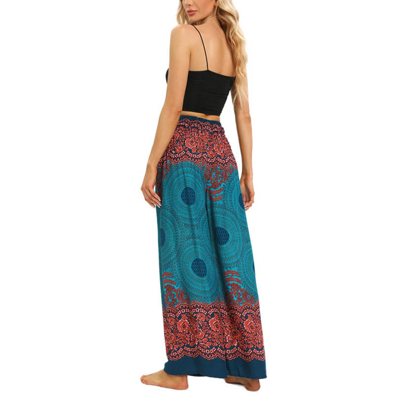 Nimara Ritual Bohemian Compass Flower Print Lace-up Wide Leg Pants Women's Yoga Pants