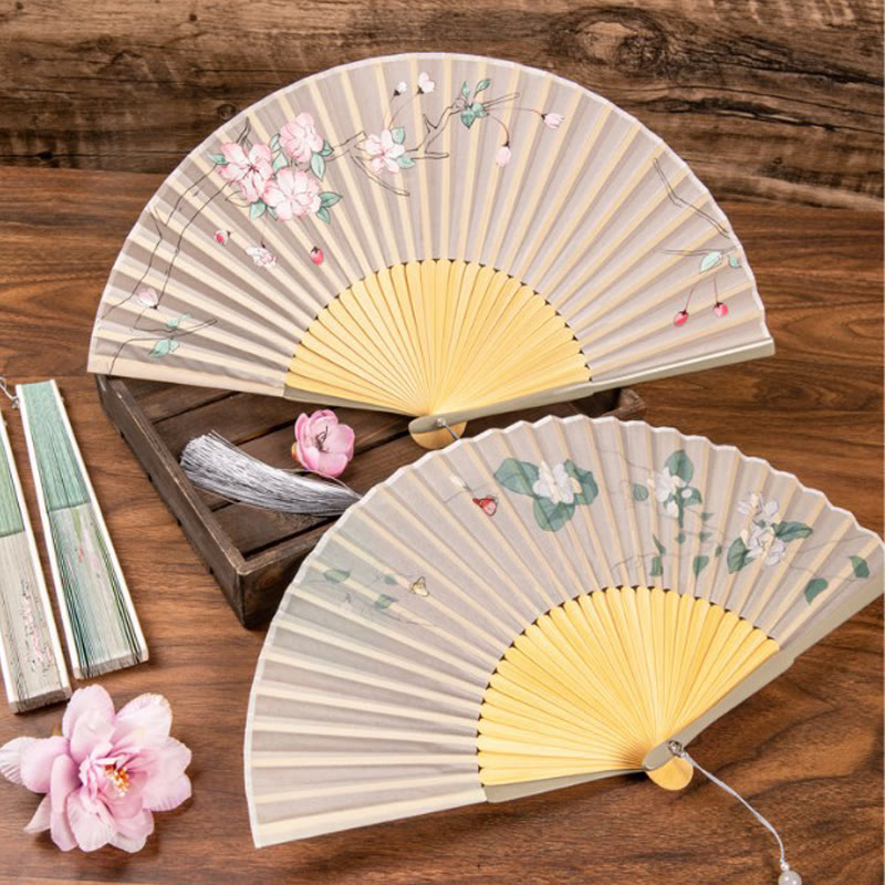 Nimara Ritual Jasmine Lotus Begonia Flowers Handheld Bamboo Folding Fan