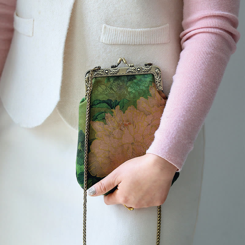 Nimara Ritual Small Green Peony Butterfly Metal Chain Crossbody Bag Shoulder Bag Cellphone Bag