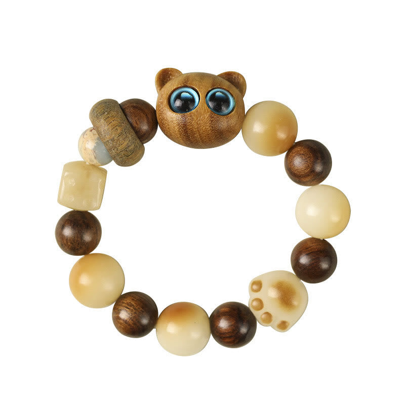Nimara Ritual Natural Bodhi Seed Sandalwood Lucky Cute Cat Head Paw Claw Peace Bracelet