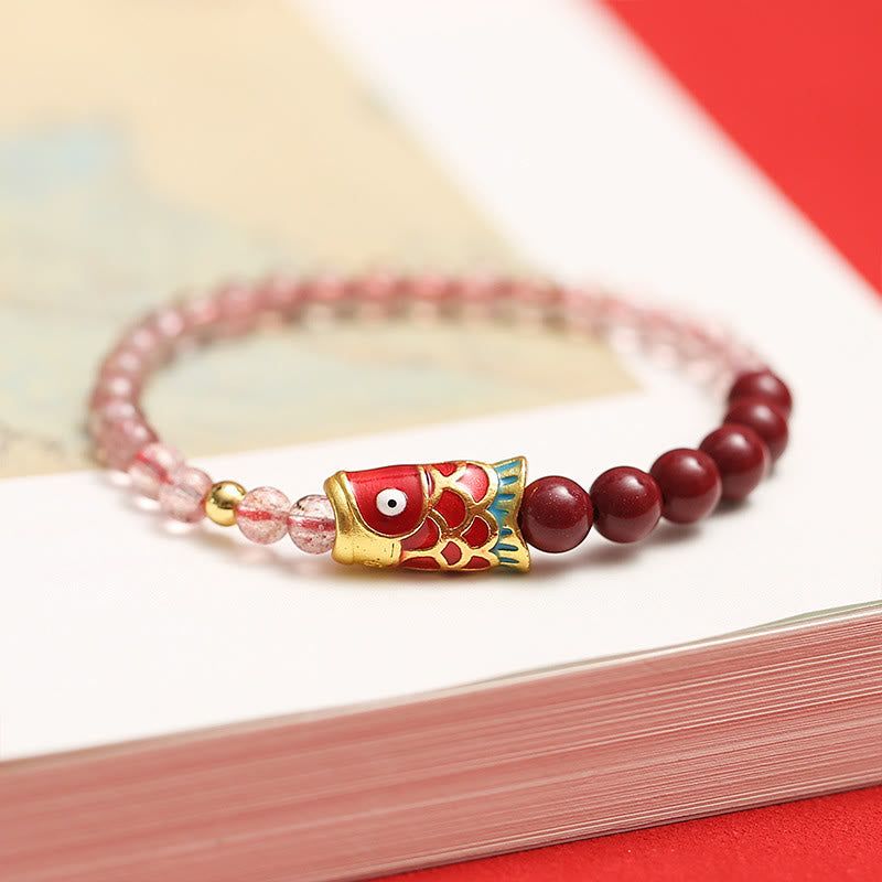 Nimara Ritual Natural Strawberry Quartz Cinnabar Lucky Koi Fish Healing Bracelet