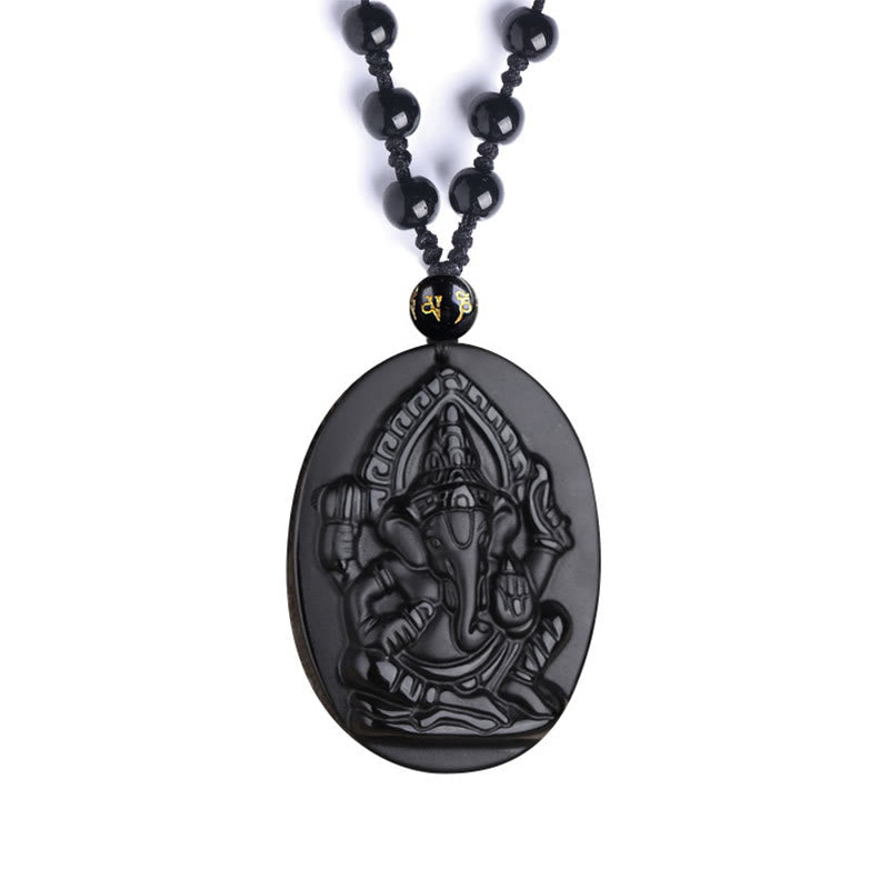 Nimara Ritual Tibetan Obsidian Ganesh Ganpati Elephant Wealth Amulet Necklace