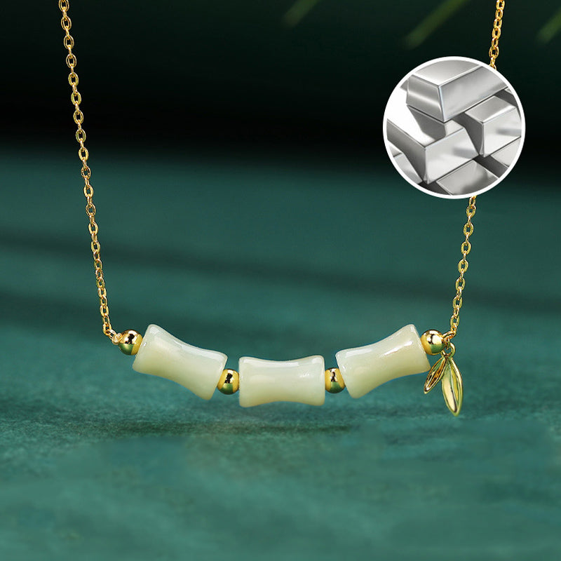 Nimara Ritual 925 Sterling Silver Hetian Jade Bamboo Fu Character Prosperity Necklace Pendant Bracelet