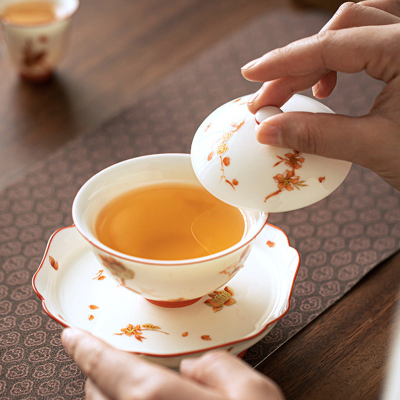Nimara Ritual White Porcelain Flowers Ceramic Gaiwan Sancai Teacup Kung Fu Tea Cup And Saucer With Lid