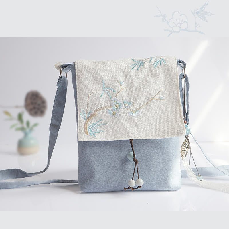 Nimara Ritual Handmade Embroidered Plum Flowers Canvas Crossbody Bag Shoulder Bag Handbag