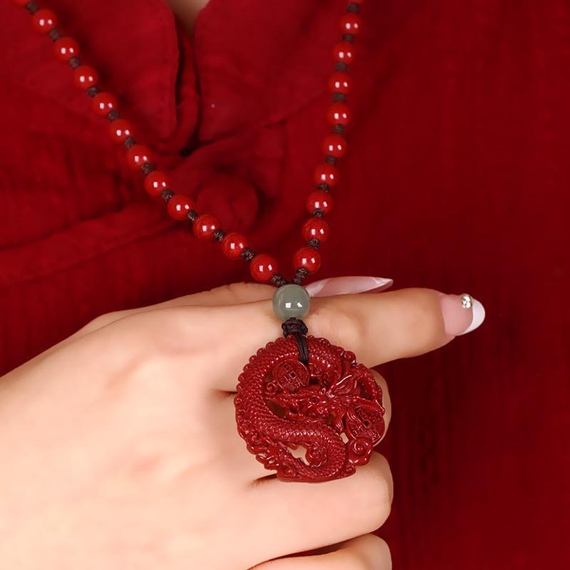 Nimara Ritual Year Of The Dragon Natural Cinnabar Hetian Jade Bead Copper Coin Attract Wealth Strength Necklace Pendant