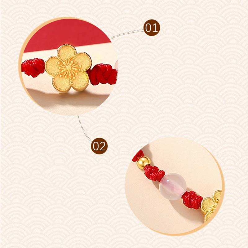 Nimara Ritual Handmade 925 Sterling Silver Peach Blossom Cherry Sakura Chalcedony Bead Luck Red Rope Bracelet