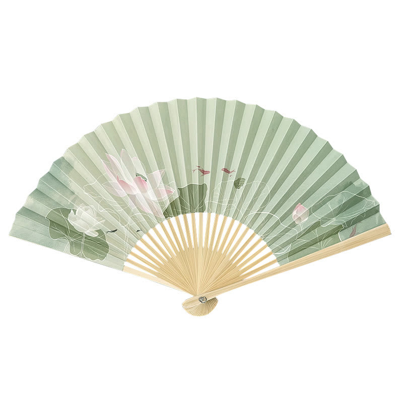 Nimara Ritual Lotus Flowers Leaf Koi Fish Handheld Paper Bamboo Folding Fan