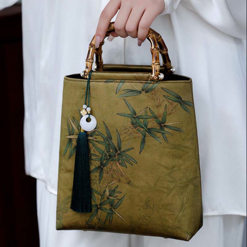 Nimara Ritual Yellow Green Bamboo Leaves Bamboo Handles Handbag