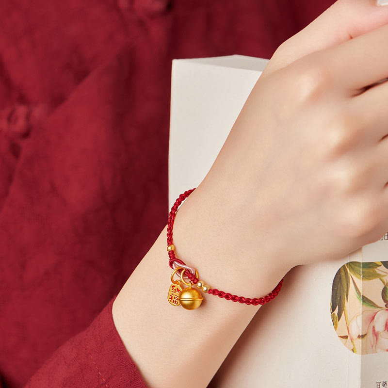 Nimara Ritual Handmade Fu Character Charm Luck Happiness Bell Red Rope Bracelet