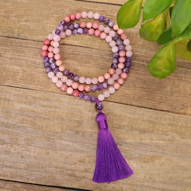Nimara Ritual 108 Mala Beads Amethyst Rose Quartz Spiritual Healing Tassel Bracelet