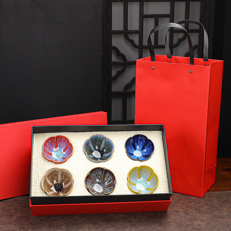 Nimara Ritual 6Pcs Plum Blossom Petal Pattern Chinese Jianzhan Kiln Change Ceramic Teacup Kung Fu Tea Cup Bowl With Gift Box