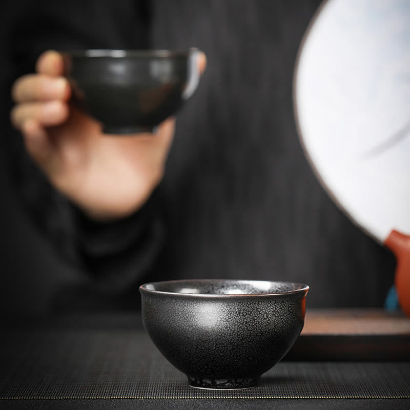Nimara Ritual Gold Leaf Chinese Jianzhan Dragon Phoenix Lotus Avalokitesvara Koi Fish Ceramic Teacup Tenmoku Kung Fu Tea Cup Bowl