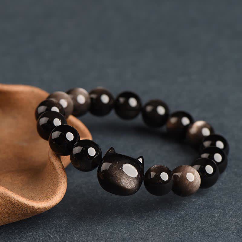 Nimara Ritual Gold Sheen Obsidian Silver Sheen Obsidian Lovely Paw Lucky Cat Protection Bracelet