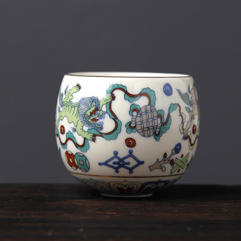Nimara Ritual Vintage Plum Blossom Pine Bamboo Phoenix Kirin Lion Dancing Ceramic Teacup Tea Cups